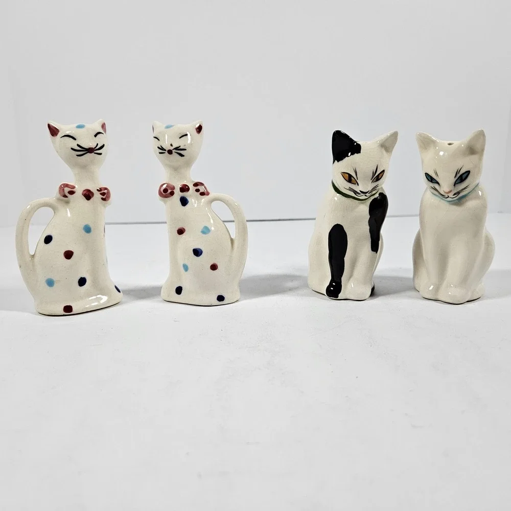 Vintage Ceramic Cat Salt and Pepper Shakers 2 Sets Polka Dot and Calico Feline